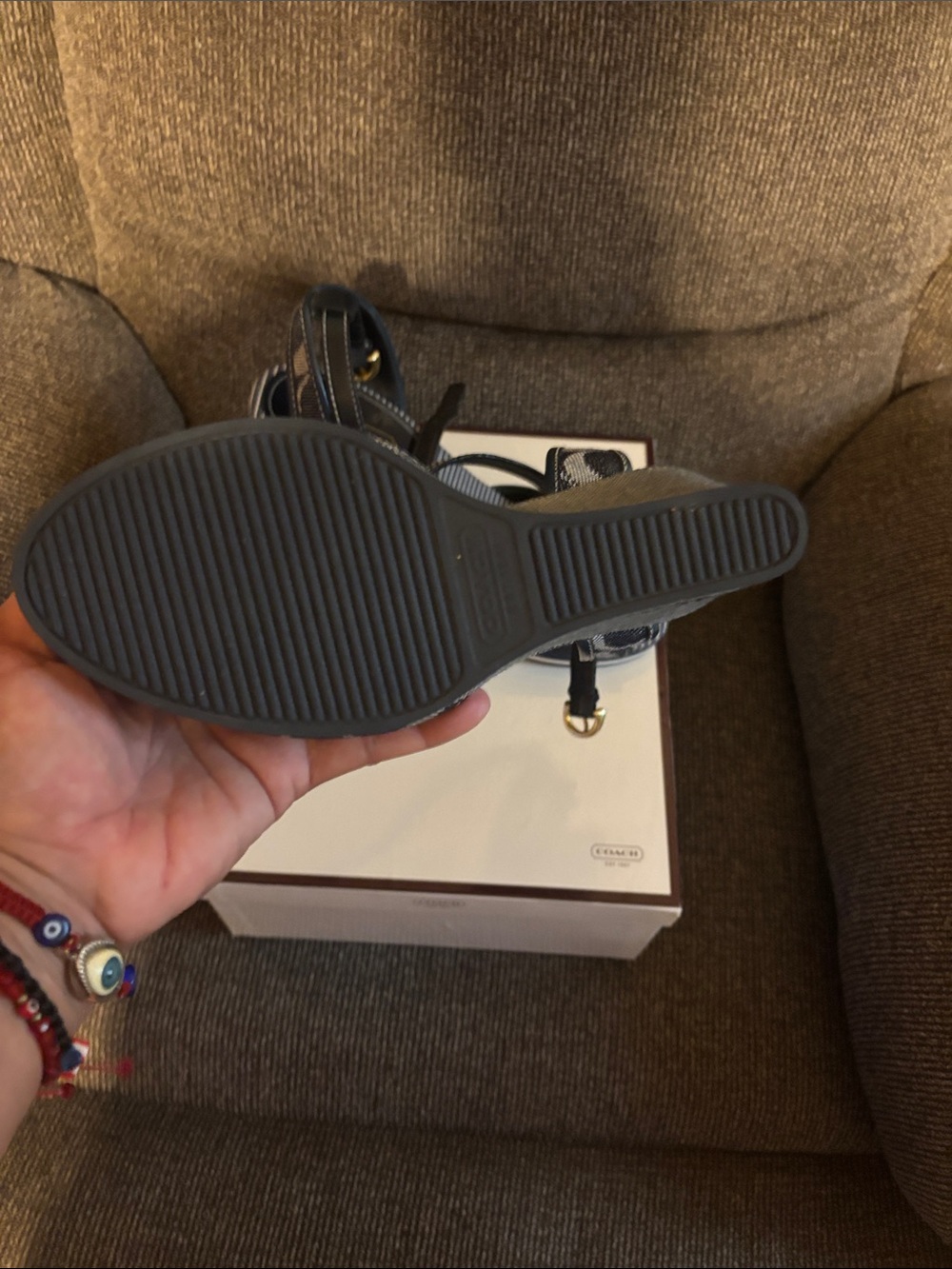 Coach Navy and Cream Signature Wedge Sandals - Picture 3 of 5